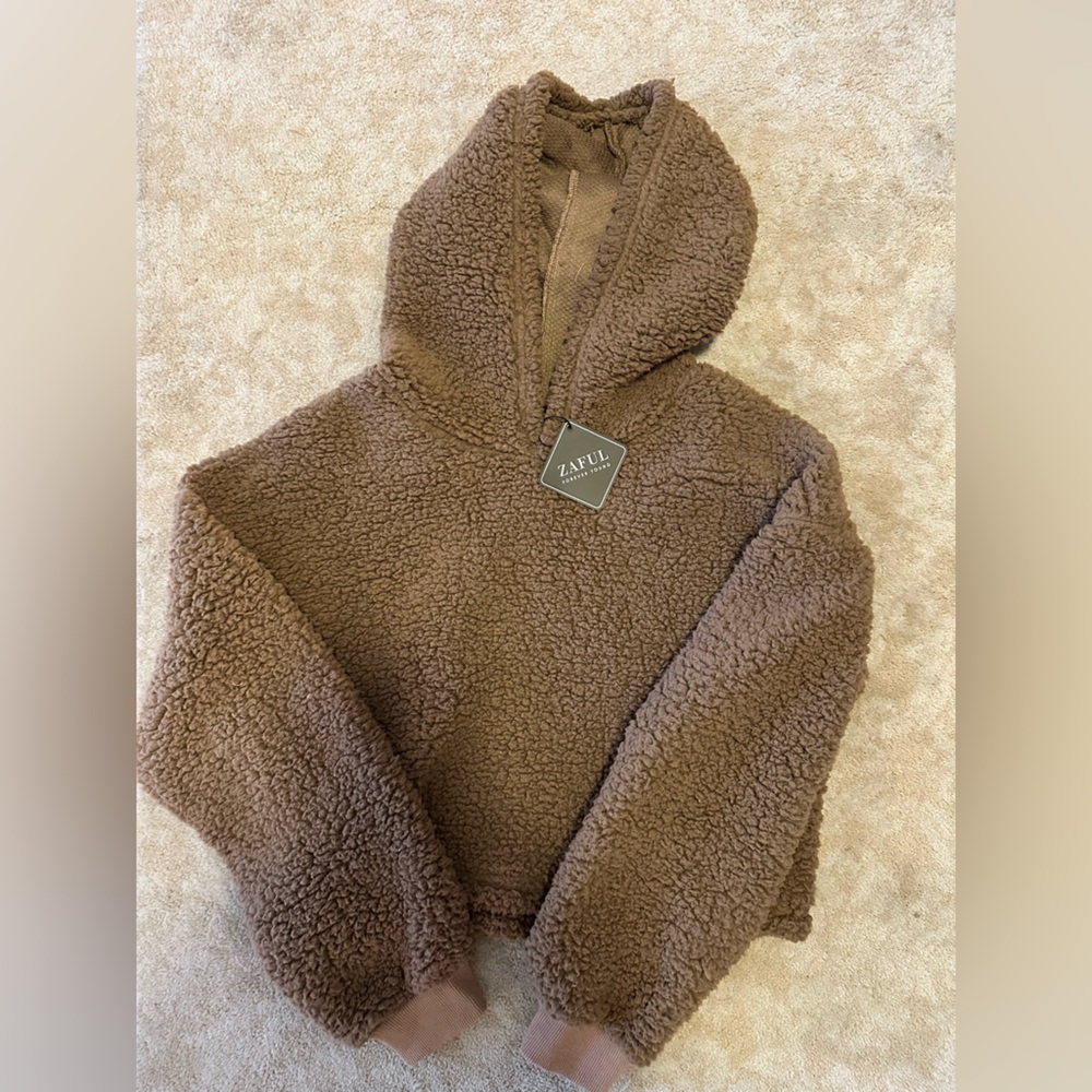 Zaful Sherpa Fleece Crop Top Teddy Sweatshirt w/Hood size 6